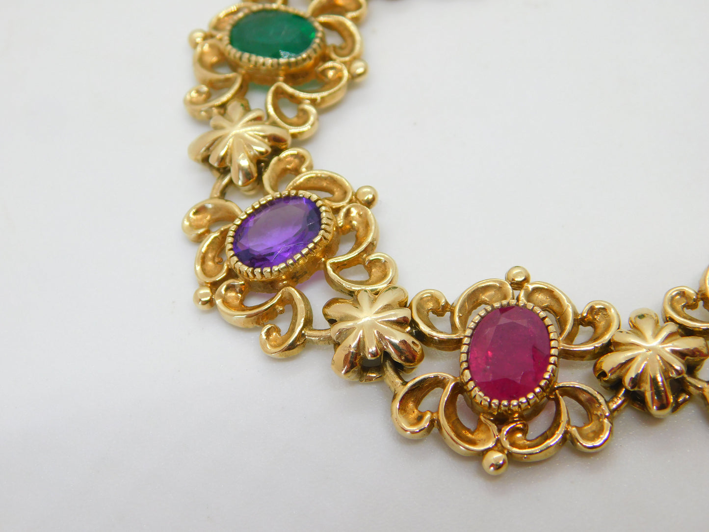 9ct Gold Acrostic Style Floral Stone Set Bracelet Ruby, Emerald Vintage c1990