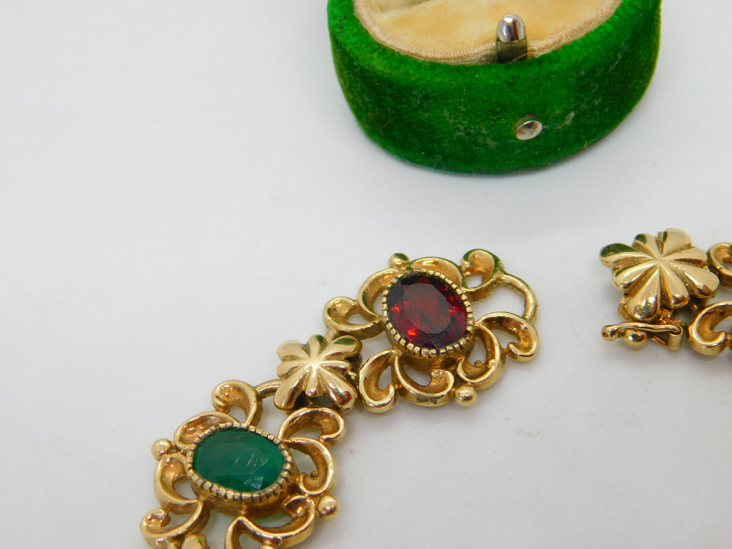 9ct Gold Acrostic Style Floral Stone Set Bracelet Ruby, Emerald Vintage c1990