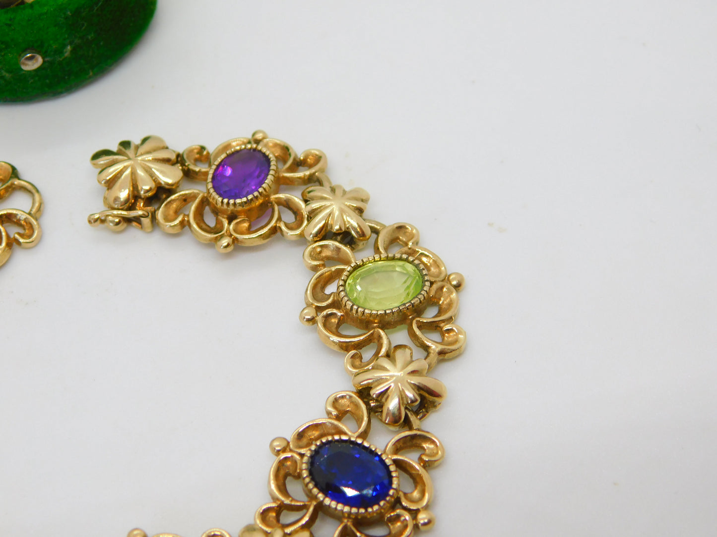 9ct Gold Acrostic Style Floral Stone Set Bracelet Ruby, Emerald Vintage c1990