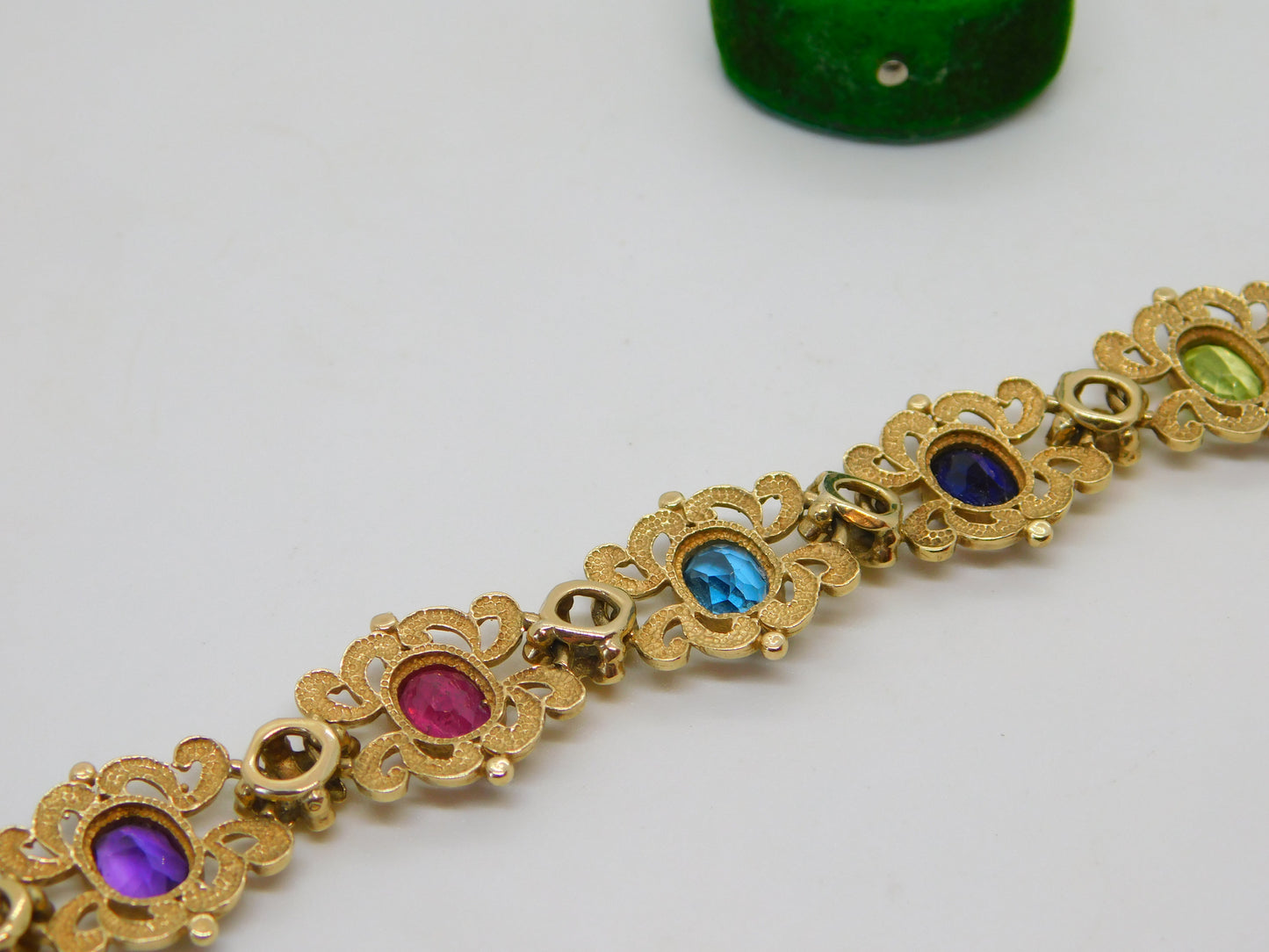 9ct Gold Acrostic Style Floral Stone Set Bracelet Ruby, Emerald Vintage c1990