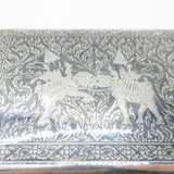 Thai Sterling Silver & Niello Enamel Fighting Elephant Cigarette Box Vintage
