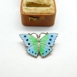 Sterling Silver Blue-Green Guilloche Enamel Butterfly Brooch Pin c1920 Antique