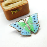 Sterling Silver Blue-Green Guilloche Enamel Butterfly Brooch Pin c1920 Antique