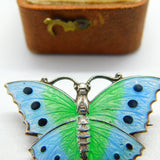 Sterling Silver Blue-Green Guilloche Enamel Butterfly Brooch Pin c1920 Antique
