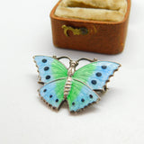 Sterling Silver Blue-Green Guilloche Enamel Butterfly Brooch Pin c1920 Antique