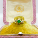 14ct Yellow Gold, Emerald & Diamond Crossover Ring Vintage c1970
