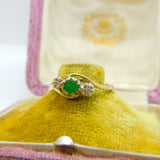 14ct Yellow Gold, Emerald & Diamond Crossover Ring Vintage c1970