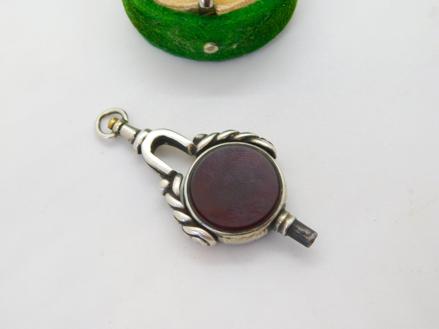 Victorian Sterling Silver, Bloodstone & Carnelian Spinner Watch Key Fob Antique