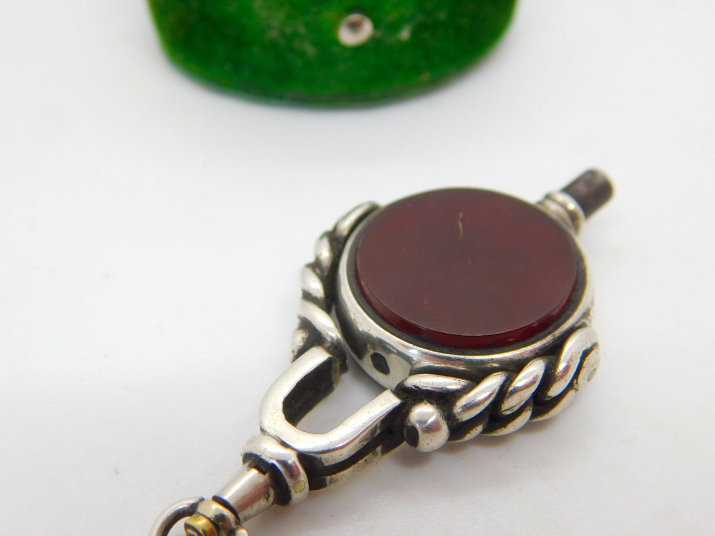 Victorian Sterling Silver, Bloodstone & Carnelian Spinner Watch Key Fob Antique