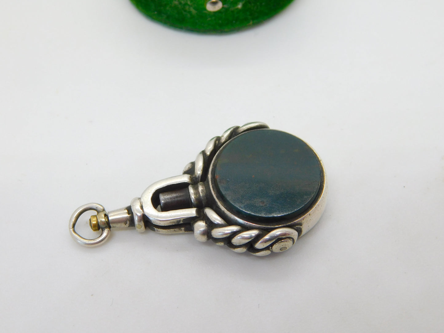 Victorian Sterling Silver, Bloodstone & Carnelian Spinner Watch Key Fob Antique
