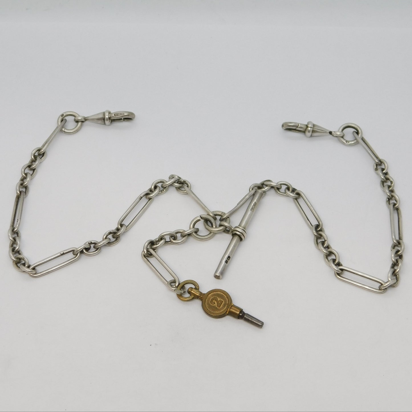 Sterling Silver Trombone Link Double Albert Watch Chain Antique 1919 Birmingham