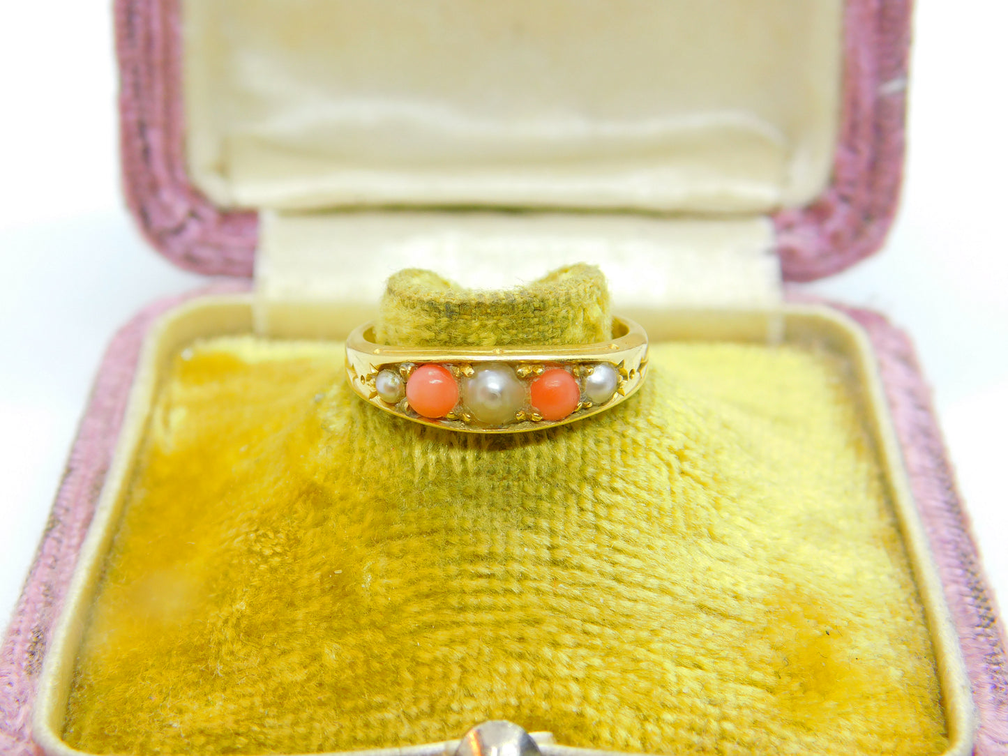 Victorian 18ct Yellow Gold, Red Coral & Seed Pearl Boat Ring c1880 Antique