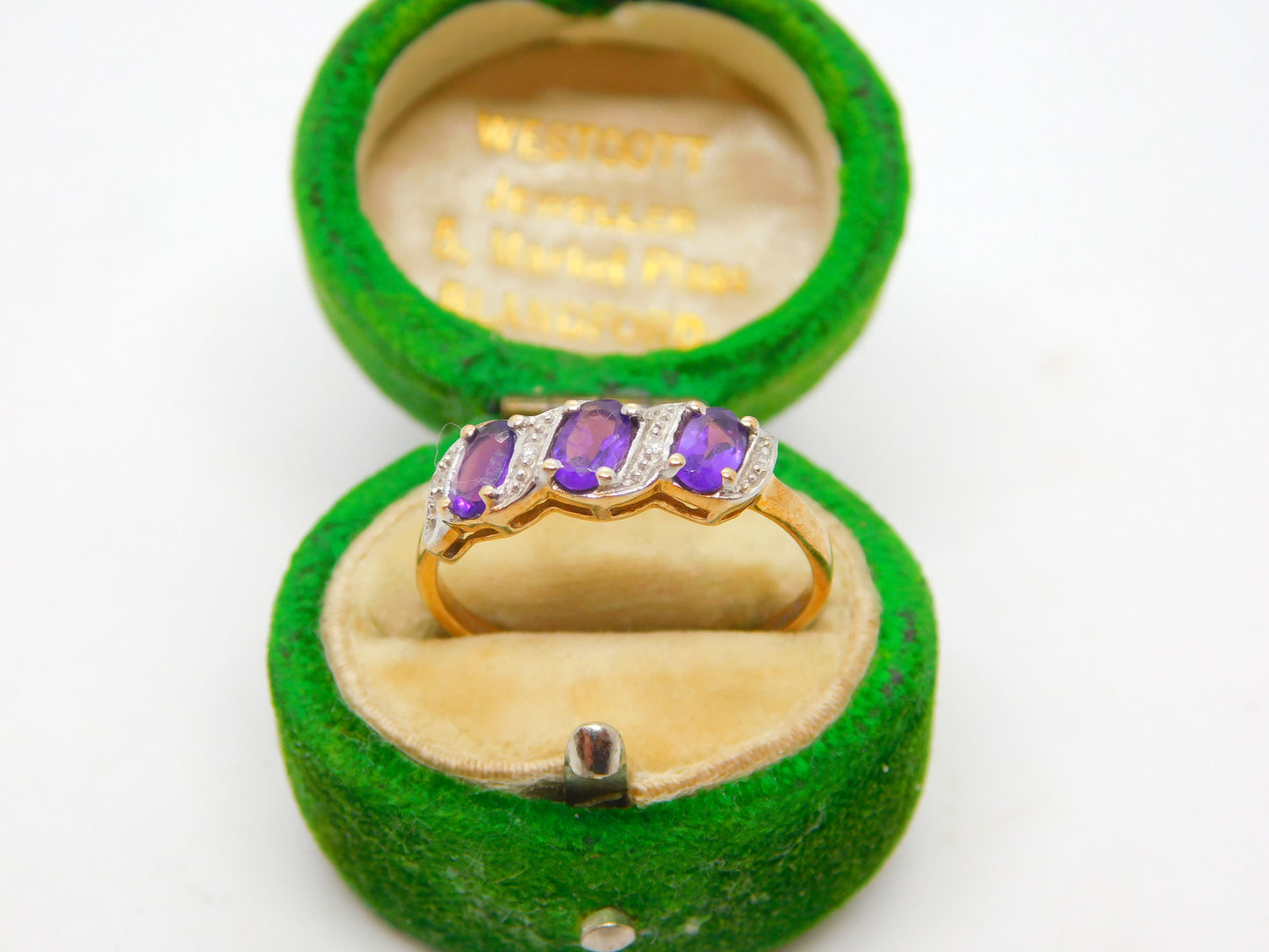 9ct Yellow Gold Three Stone Amethyst & Diamond Dress Ring Vintage Birmingham