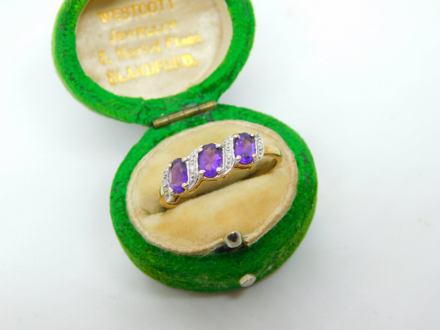 9ct Yellow Gold Three Stone Amethyst & Diamond Dress Ring Vintage Birmingham