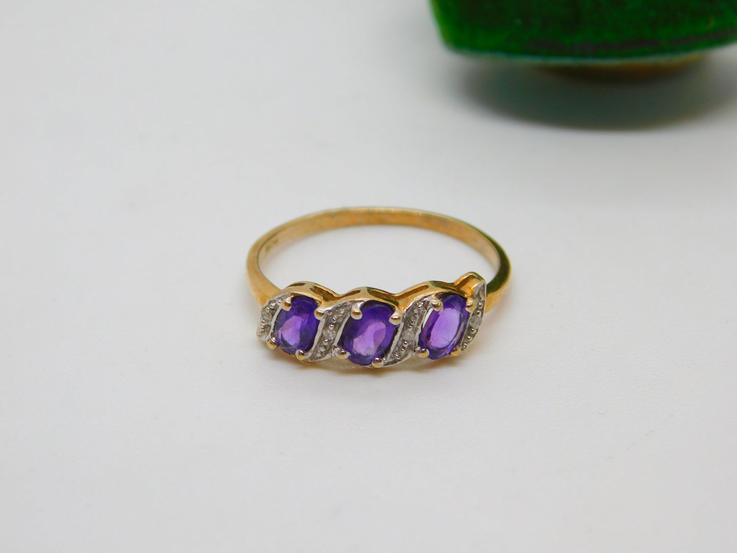 9ct Yellow Gold Three Stone Amethyst & Diamond Dress Ring Vintage Birmingham