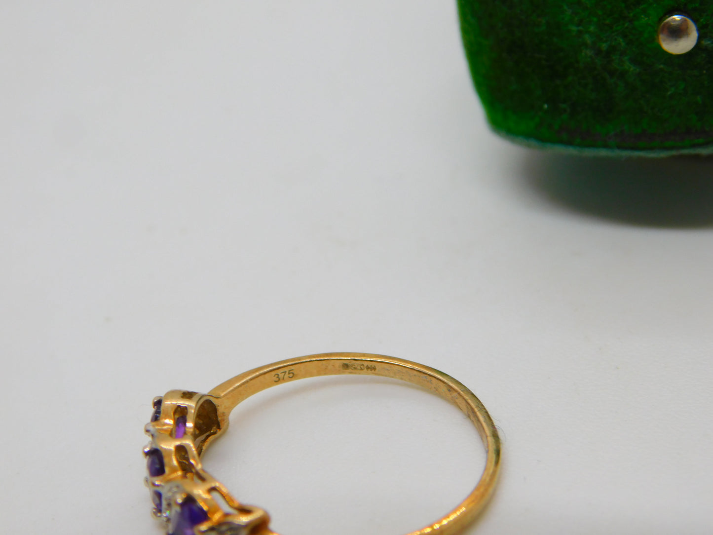 9ct Yellow Gold Three Stone Amethyst & Diamond Dress Ring Vintage Birmingham
