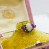 9ct Yellow Gold, Amethyst & Cabochon Opal Band Ring 1982 London Vintage