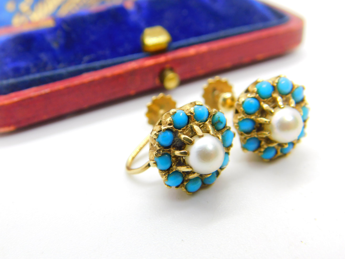 Edwardian 9ct Gold, Turquoise & Pearl Screw Back Earrings Antique c1910