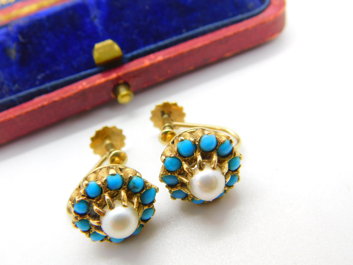 Edwardian 9ct Gold, Turquoise & Pearl Screw Back Earrings Antique c1910