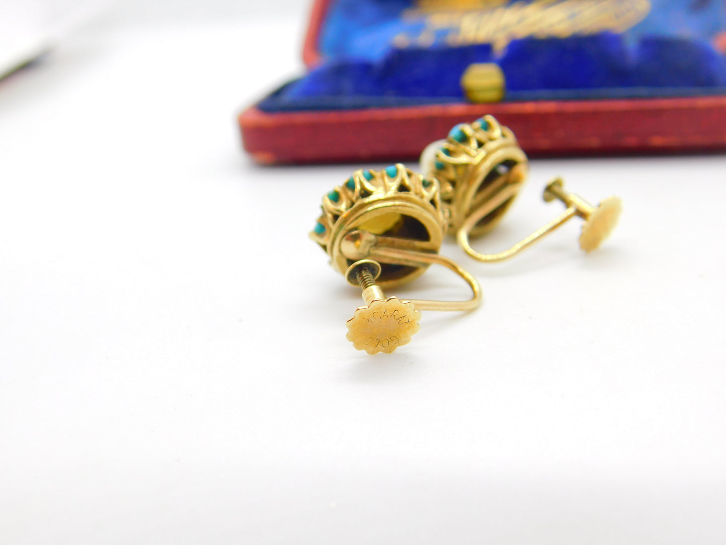 Edwardian 9ct Gold, Turquoise & Pearl Screw Back Earrings Antique c1910