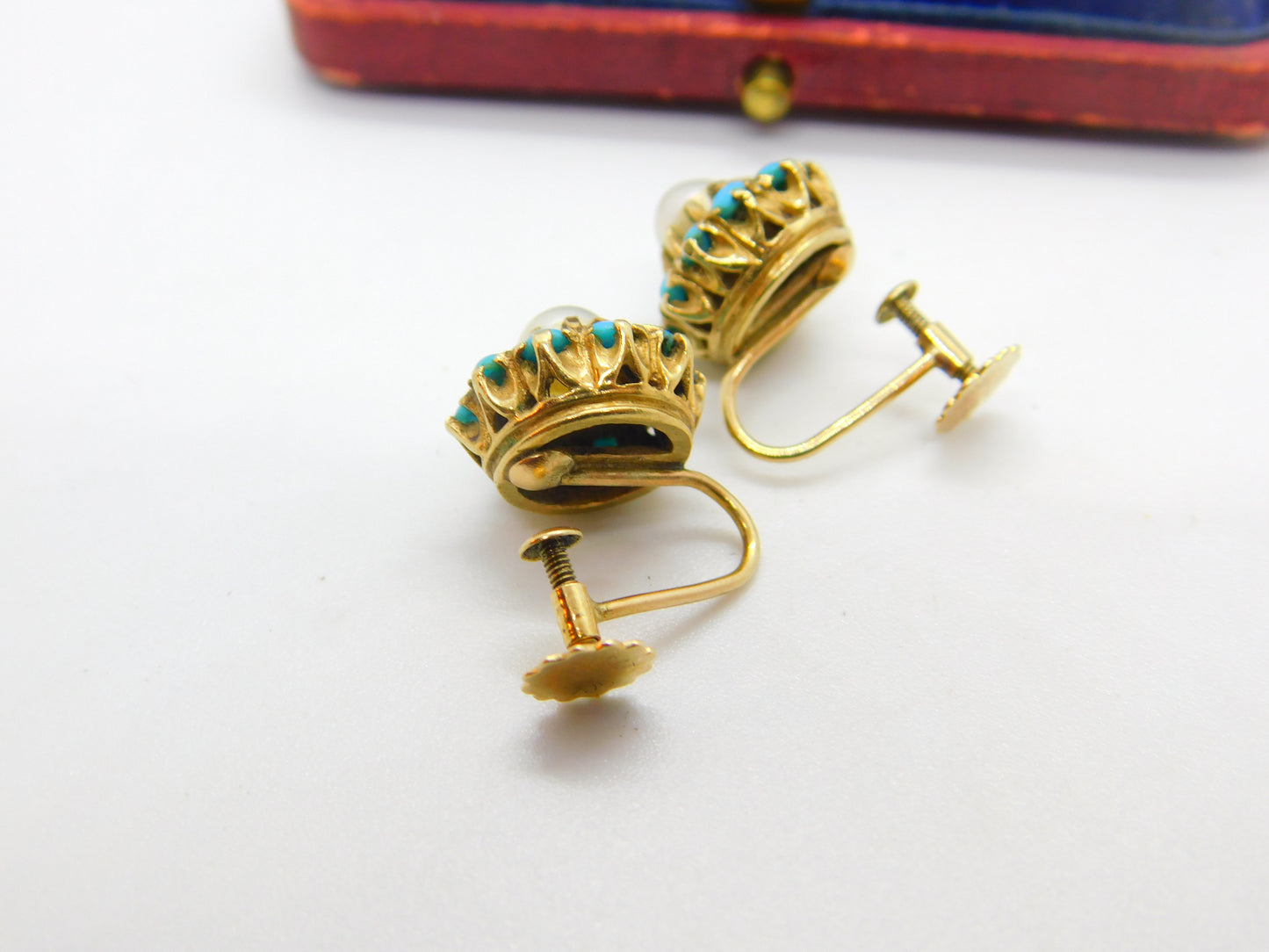 Edwardian 9ct Gold, Turquoise & Pearl Screw Back Earrings Antique c1910