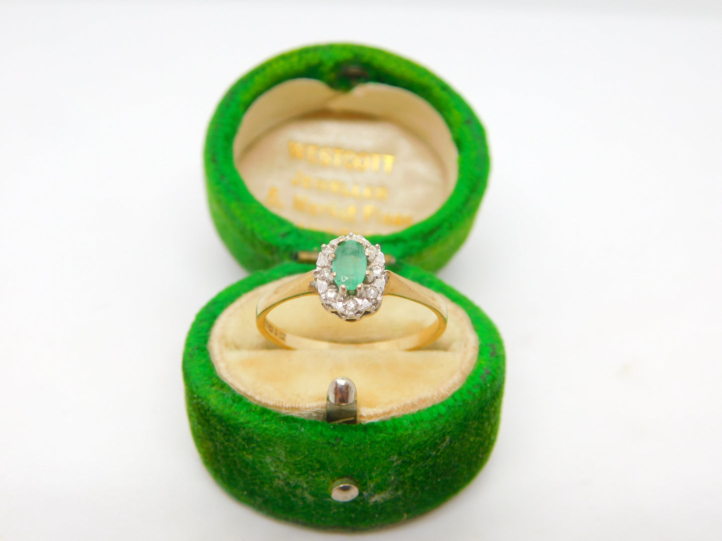 9ct Yellow Gold, Emerald & Diamond Floral Cluster Ring Vintage 1970 London