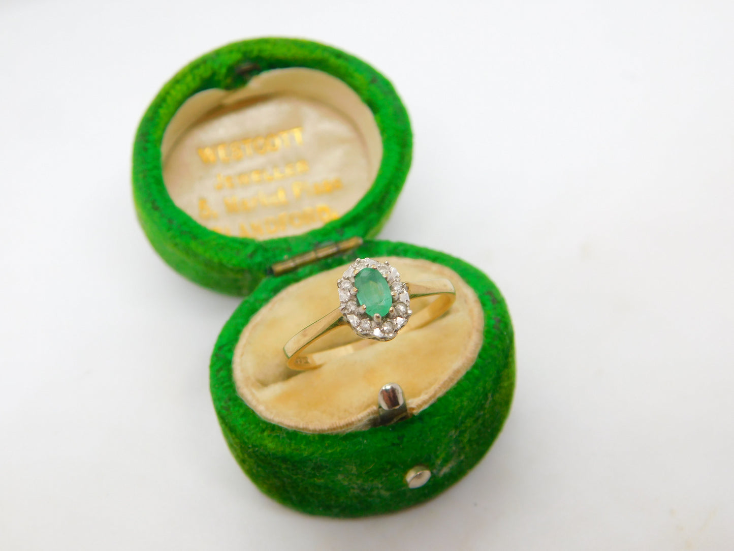 9ct Yellow Gold, Emerald & Diamond Floral Cluster Ring Vintage 1970 London