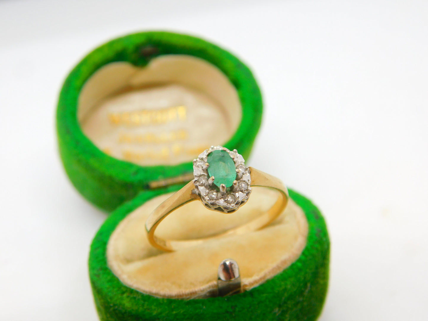 9ct Yellow Gold, Emerald & Diamond Floral Cluster Ring Vintage 1970 London