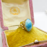 14ct Yellow Gold Cabochon Cut Blue Larimar Set Band Ring Vintage c1970
