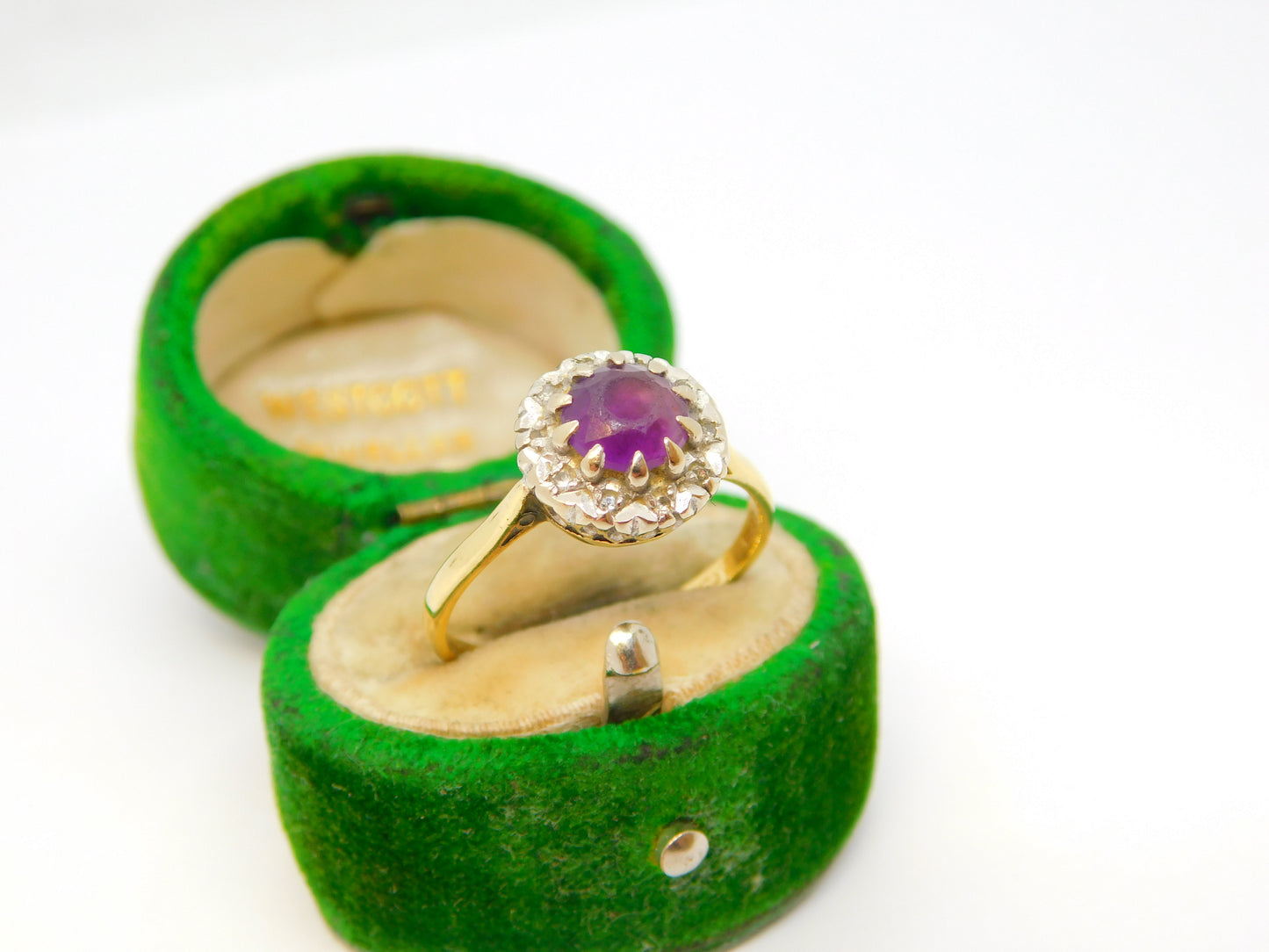 18ct Yellow Gold, Amethyst & Diamond Floral Cluster Ring Vintage 1983 London
