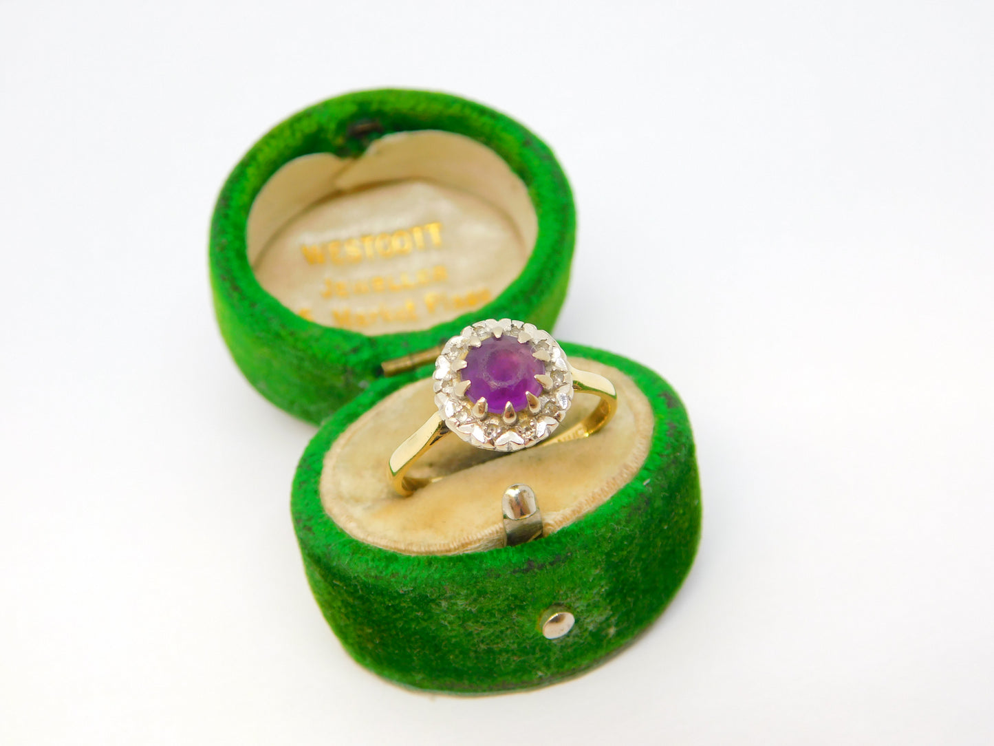 18ct Yellow Gold, Amethyst & Diamond Floral Cluster Ring Vintage 1983 London