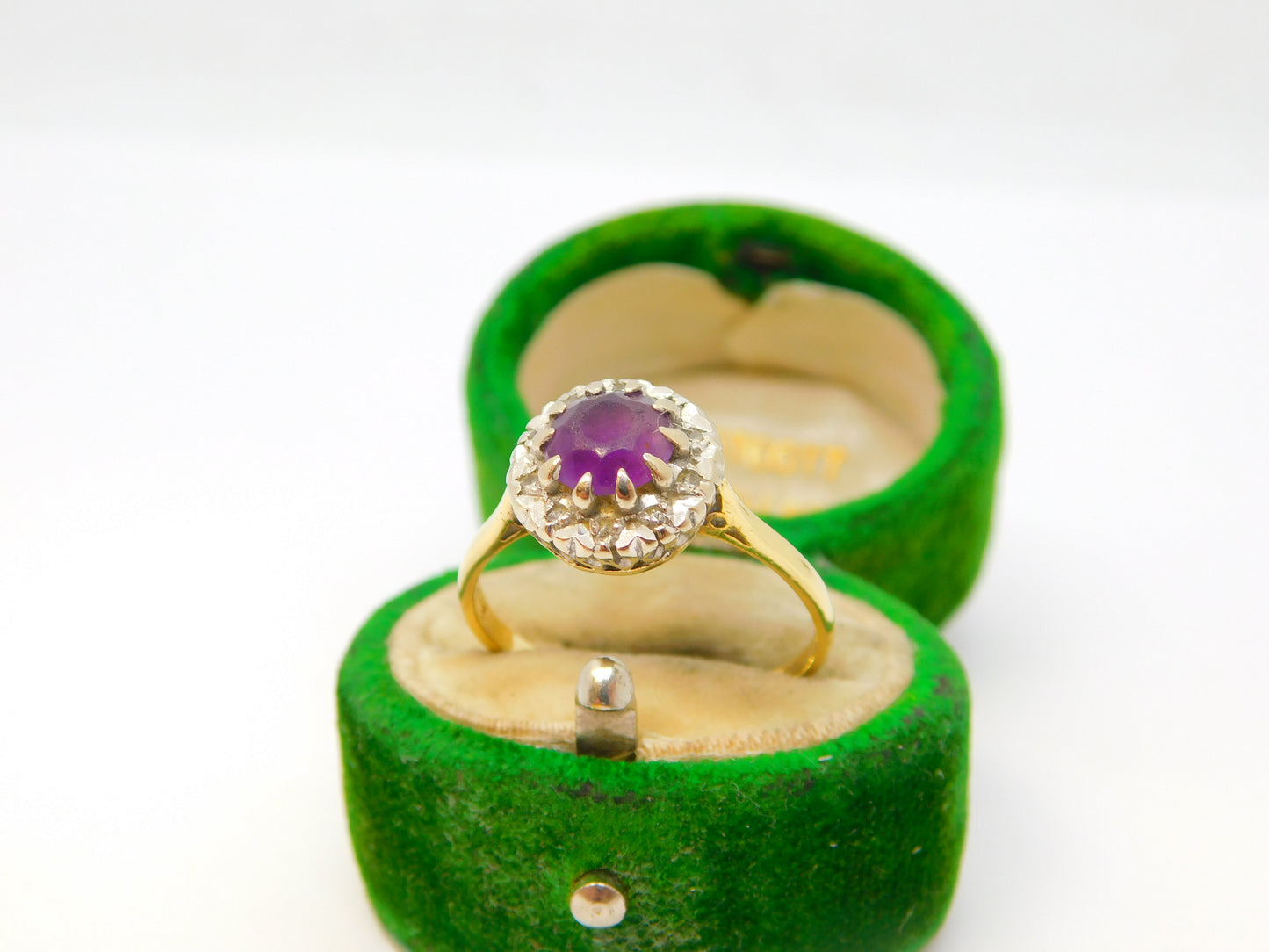 18ct Yellow Gold, Amethyst & Diamond Floral Cluster Ring Vintage 1983 London