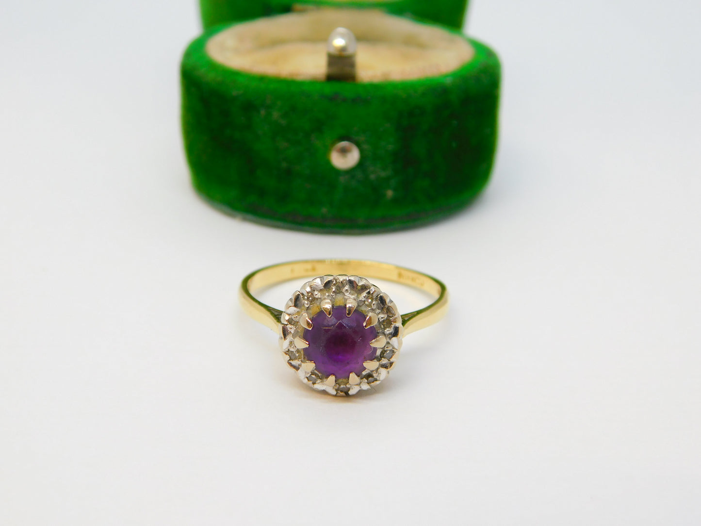 18ct Yellow Gold, Amethyst & Diamond Floral Cluster Ring Vintage 1983 London