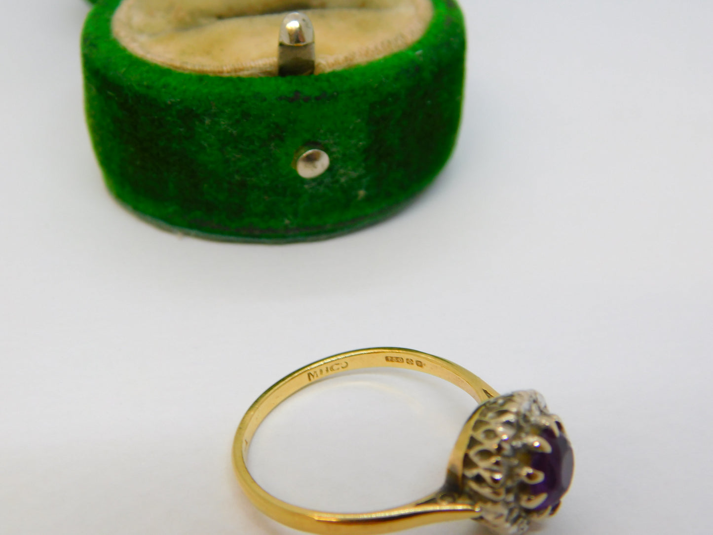 18ct Yellow Gold, Amethyst & Diamond Floral Cluster Ring Vintage 1983 London