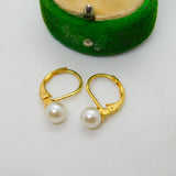 18ct Yellow Gold & Pearl Set Hook Hoop Earrings Vintage c1980