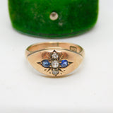 Victorian 9ct Gold, Sapphire & Old-Cut Diamond Boat Ring Antique c1890