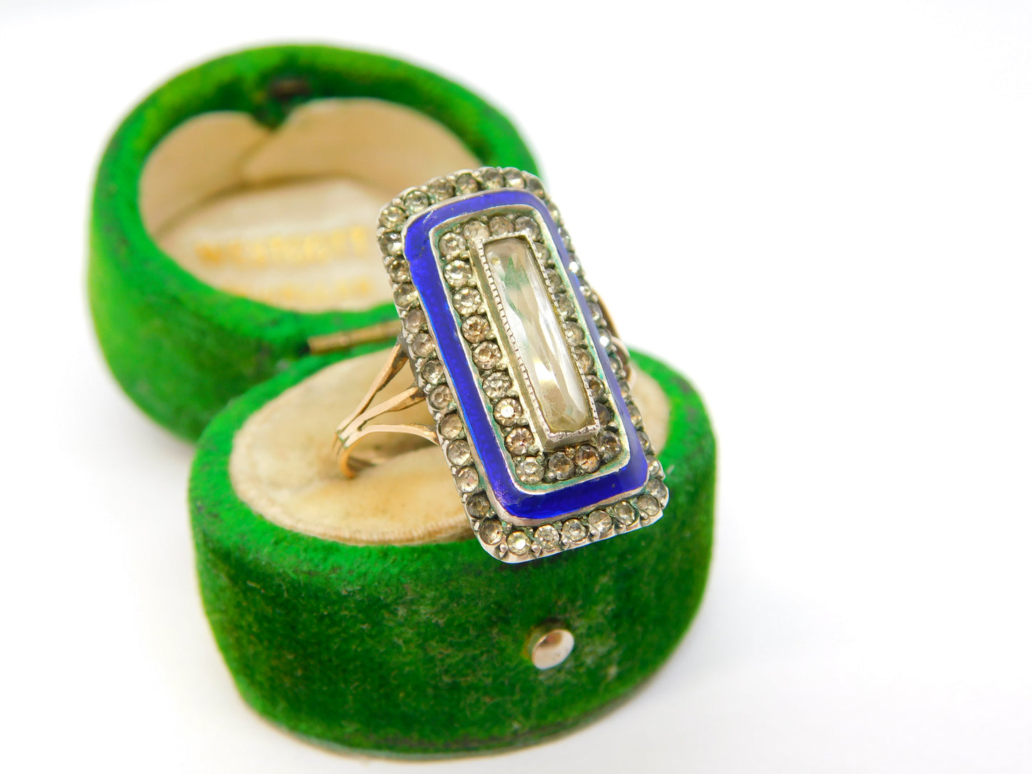 9ct Gold & Silver, Blue Enamel & Paste Set Cocktail Ring Antique c1920 Art Deco