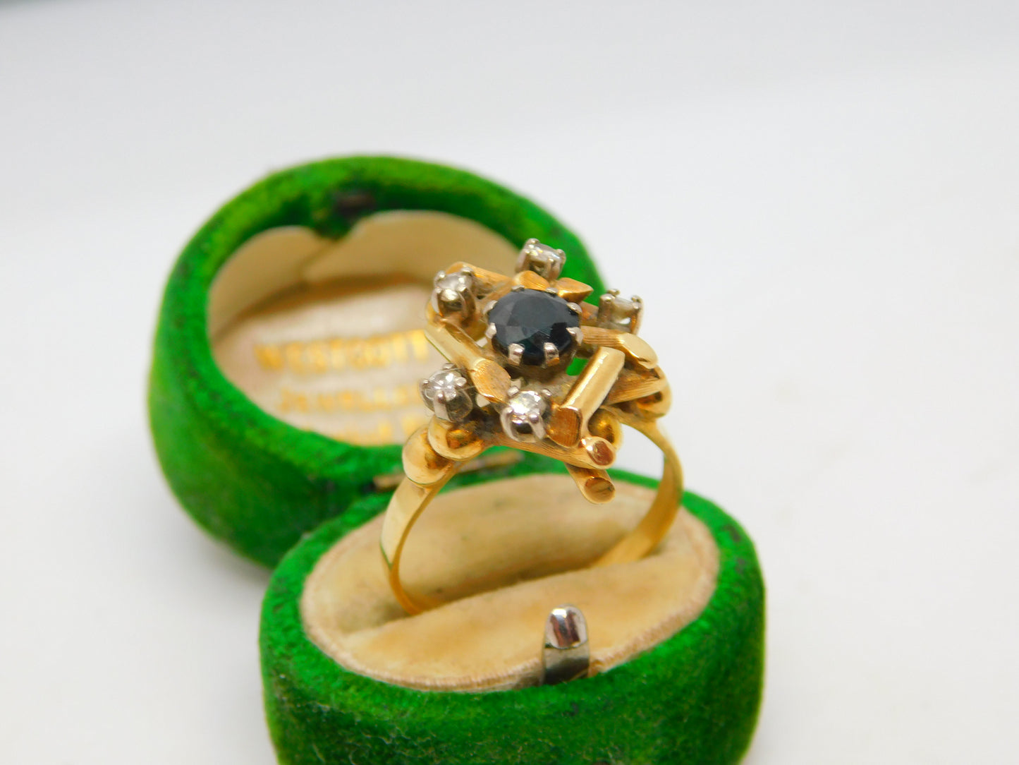 18ct Yellow Gold, Sapphire & Diamond Modernist Statement Ring Antique c1930
