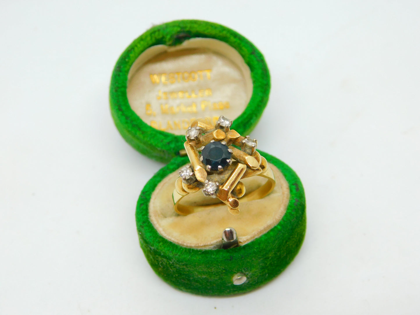 18ct Yellow Gold, Sapphire & Diamond Modernist Statement Ring Antique c1930