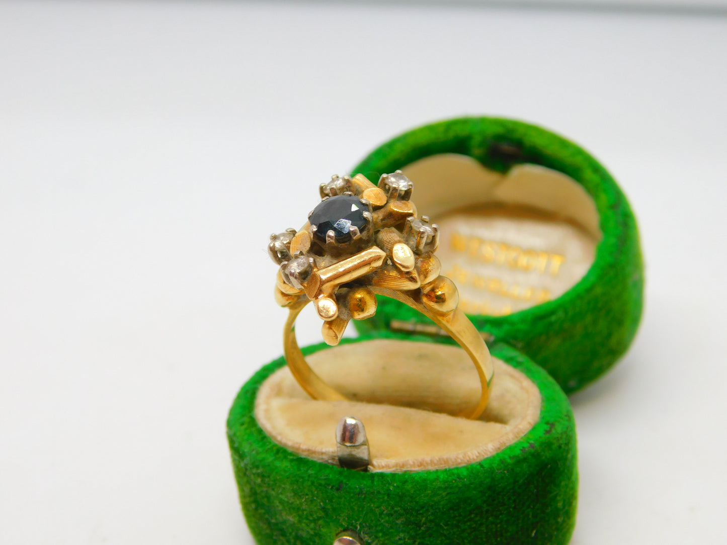 18ct Yellow Gold, Sapphire & Diamond Modernist Statement Ring Antique c1930