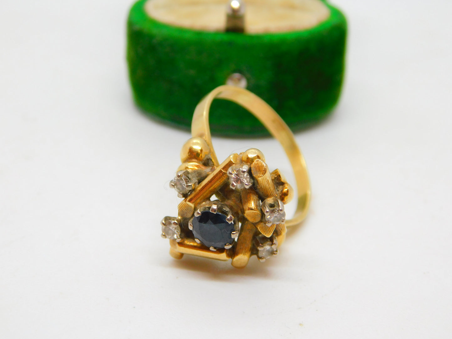 18ct Yellow Gold, Sapphire & Diamond Modernist Statement Ring Antique c1930