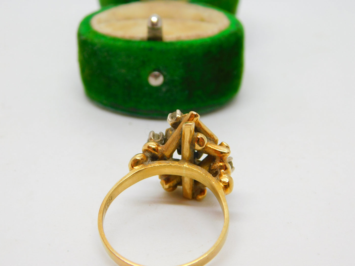 18ct Yellow Gold, Sapphire & Diamond Modernist Statement Ring Antique c1930
