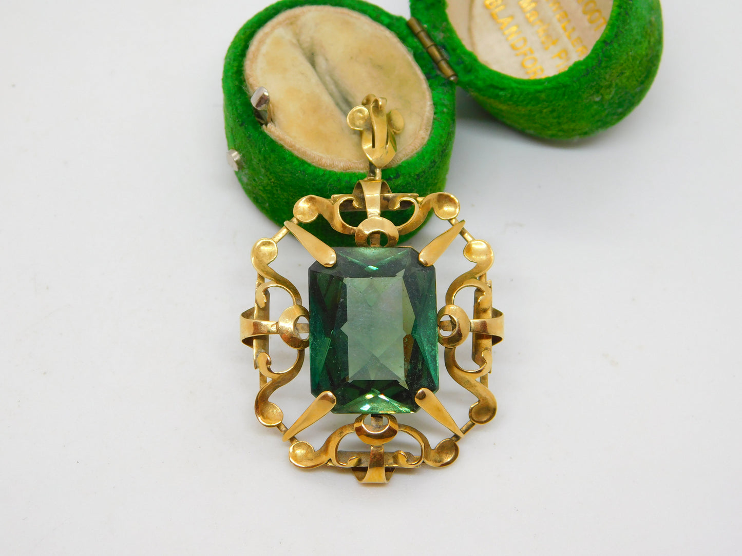 14ct Yellow Gold Emerald Cut Green Paste Large Drop Pendant Antique c1920 Deco
