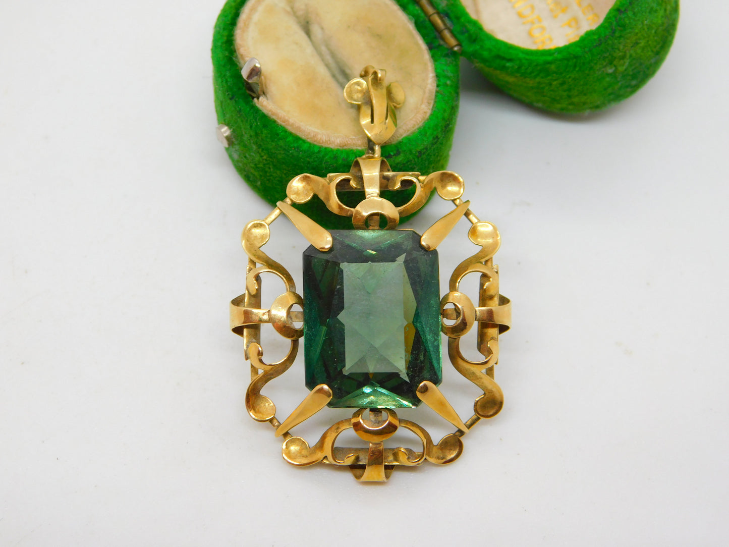 14ct Yellow Gold Emerald Cut Green Paste Large Drop Pendant Antique c1920 Deco