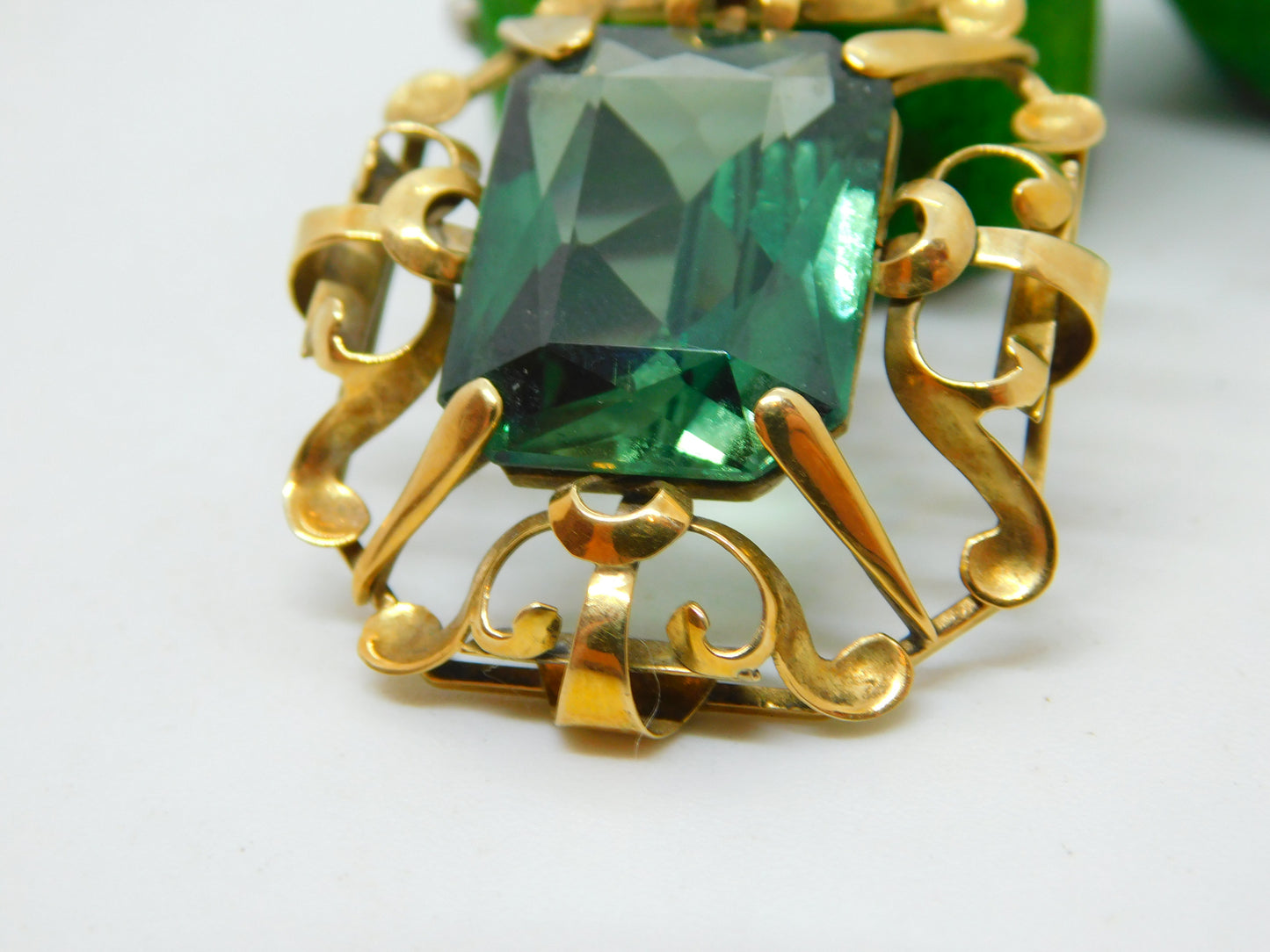 14ct Yellow Gold Emerald Cut Green Paste Large Drop Pendant Antique c1920 Deco