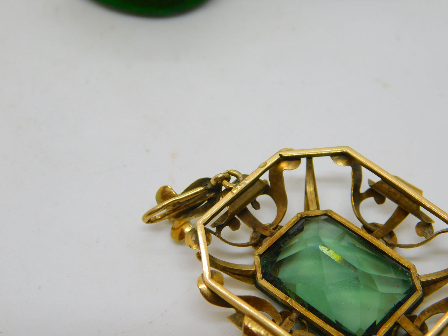 14ct Yellow Gold Emerald Cut Green Paste Large Drop Pendant Antique c1920 Deco