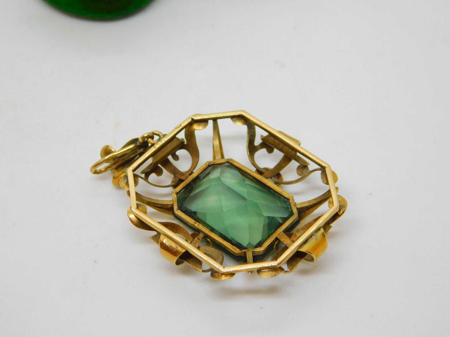 14ct Yellow Gold Emerald Cut Green Paste Large Drop Pendant Antique c1920 Deco