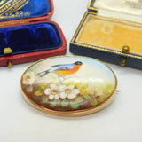 9ct Rose Gold Crown Staffordshire Painted Bird Brooch Antique c1920 Art Deco