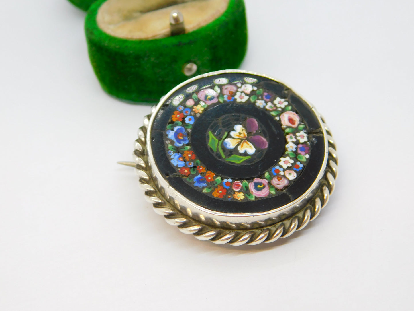19th Century Sterling Silver Colourful Floral Micro Mosaic Antique c1860