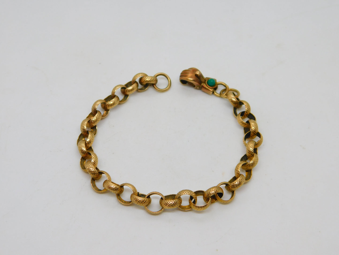 Victorian Style 9ct Gold Belcher Chain Bracelet Turquoise Hand Clasp Vintage 1998